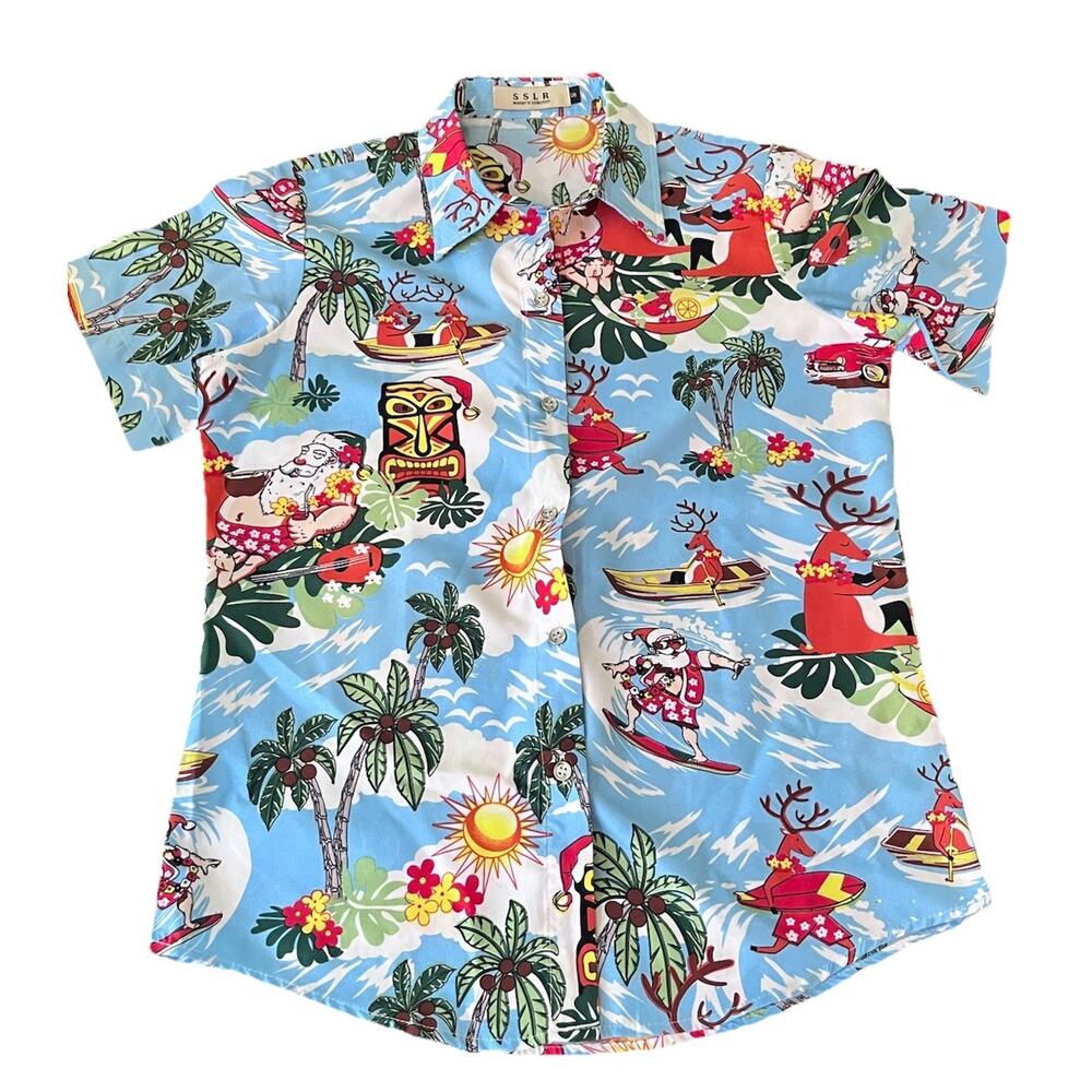 SSLR Women’s Size Small Hawaiian Button Up Shirt Tiki Christmas Santa Reindeer